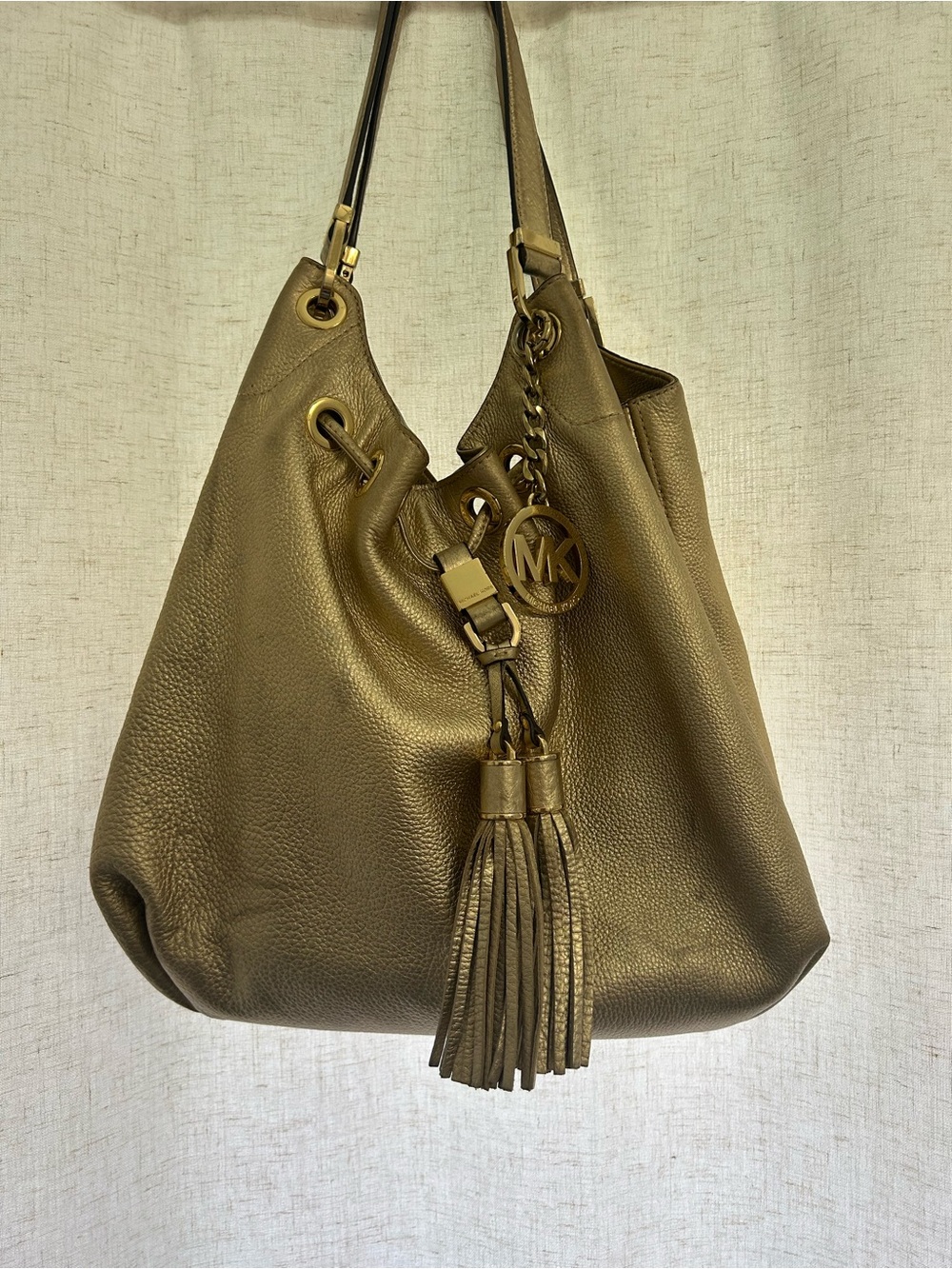 Michael Kors Olive Leather Drawstring Tassel Hobo Bag with MK Charm